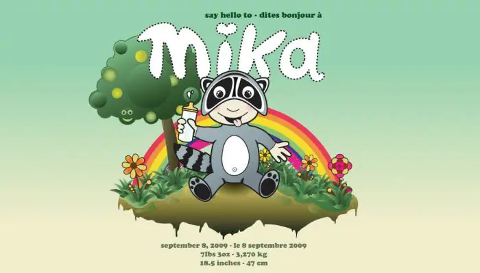 Illustrated birth announcement card for Mika