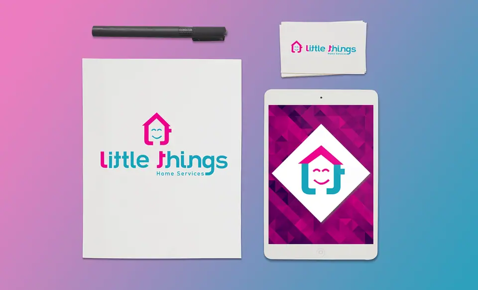 Little Things Home Services logo on a notebook, business card and tablet