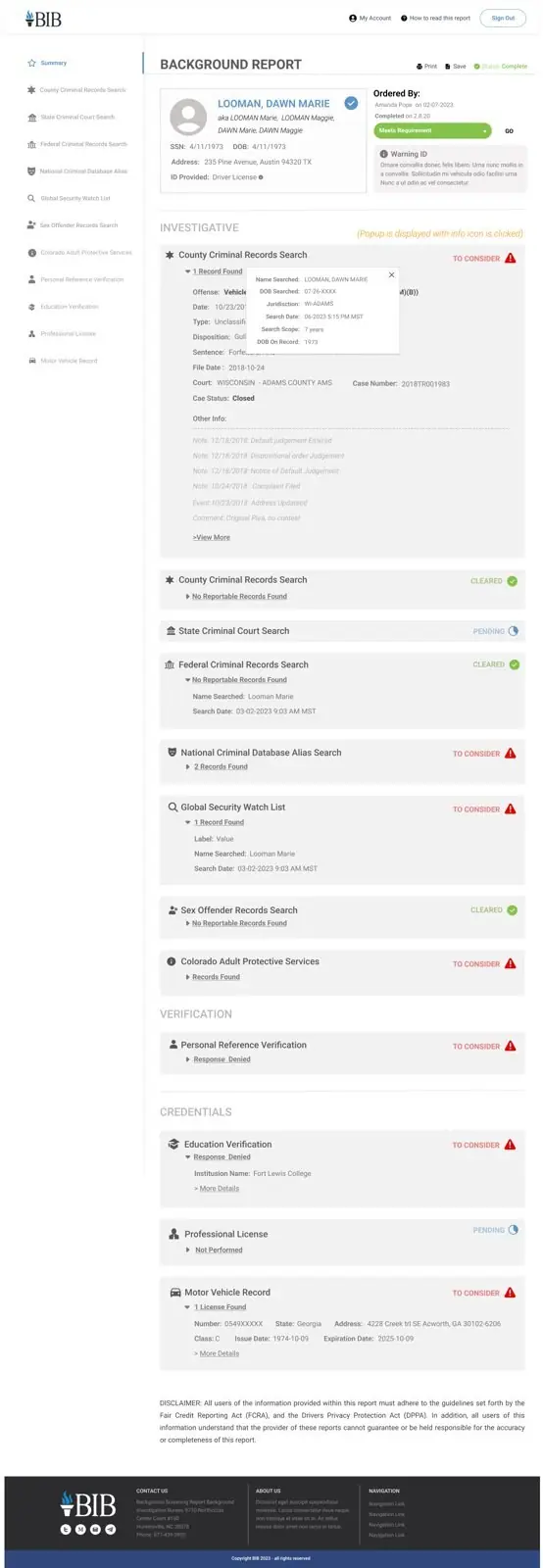 BIB web app with a pop-up