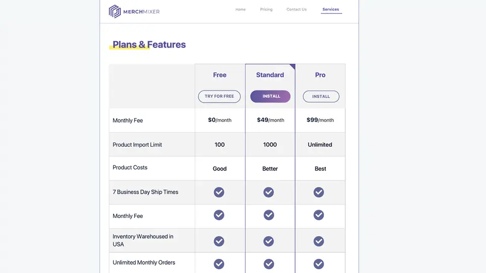 MerchMixer plans and features comparison table