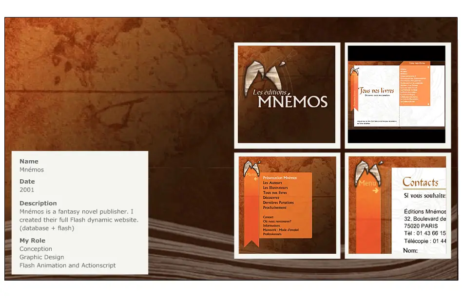 Mnémos website screens: home, catalog and contact pages