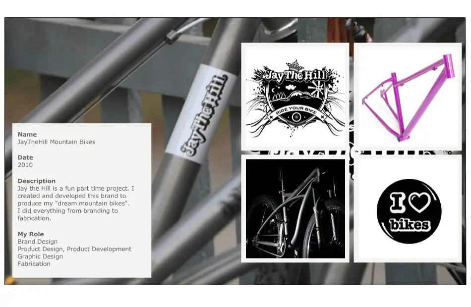 Jay The Hill logo, frame drawing and “I love bikes” sticker