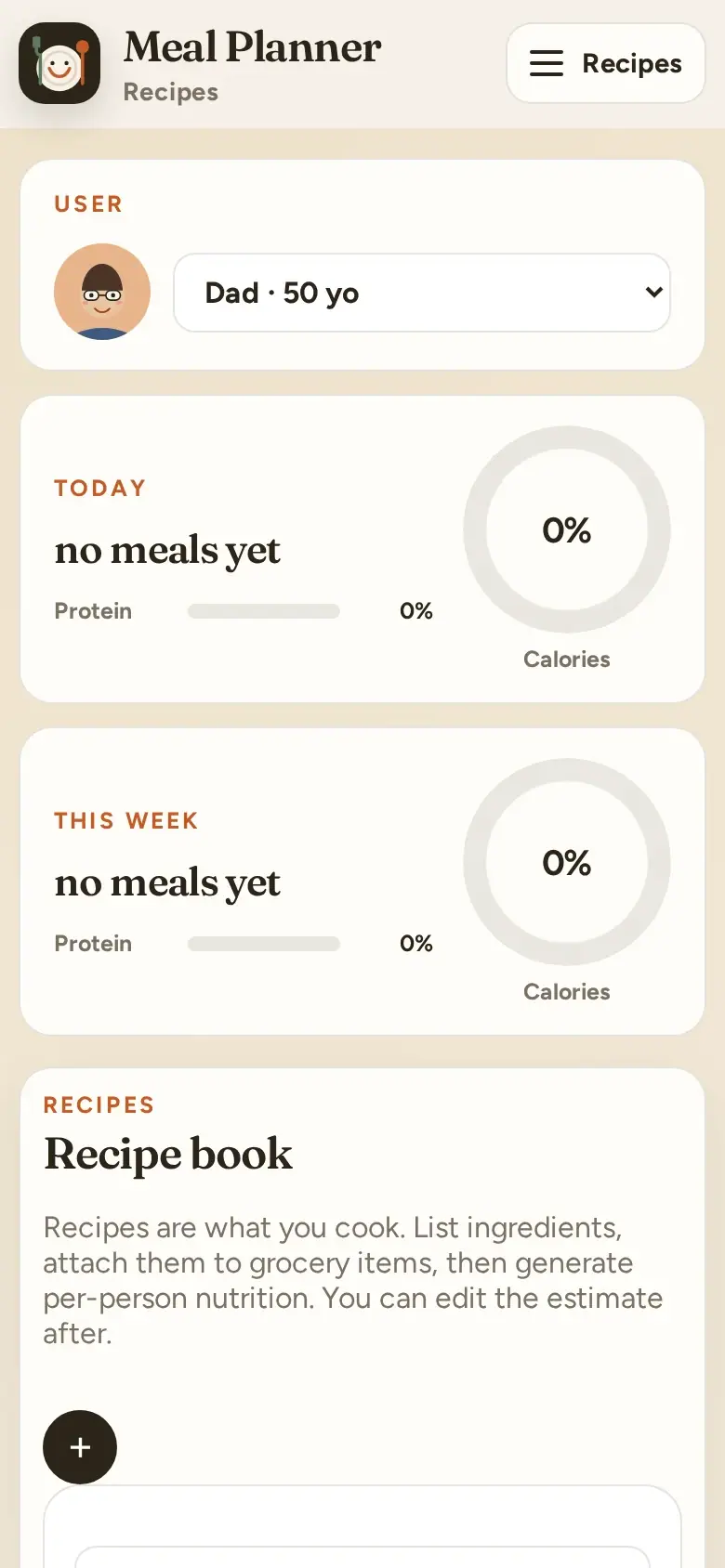 Meal Planner recipes on a phone (demo data)