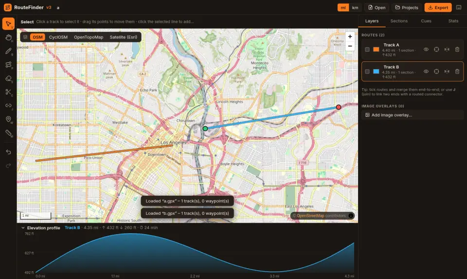 Route Finder GPX track on a map